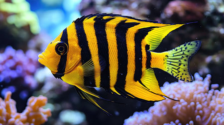 A vivid yellow and black striped fish glides gracefully through a colorful coral reef, showcasing the beauty and diversity of marine life.の素材