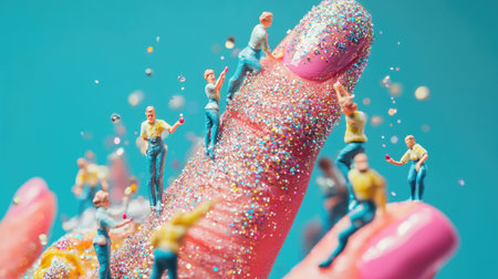 A close-up image showcasing tiny figures enjoying a playful scene on a glitter-covered fingernail, surrounded by colorful sparkles, exuding creativity and whimsy.の素材