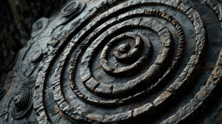 This image captures intricate spiral patterns on a rustic stone surface, showcasing detailed textures and earthy tones that enhance natural beauty.の素材