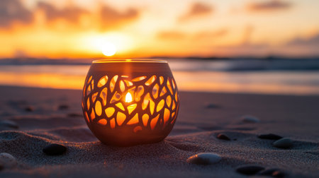 A serene scene featuring a beautiful candle holder on sandy beach at sunset, casting a warm glow, and created a tranquil atmosphere for relaxation and romance.の素材