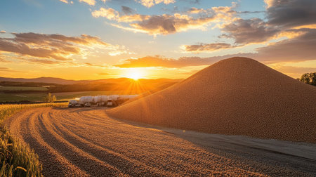 A breathtaking scene showcasing a large grain pile and trucks in an agricultural field during sunset, with vibrant colors in the sky reflecting a tranquil evening.の素材