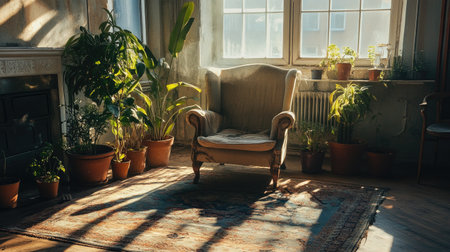 A serene indoor living space featuring a stylish vintage chair surrounded by a variety of lush green plants, with soft sunlight illuminating the room.の素材