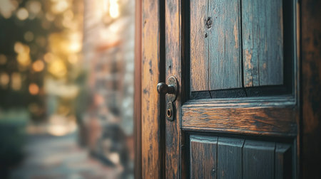 A captivating close-up of a rustic wooden door showcasing its intricate texture and warm lighting, creating an inviting outdoor atmosphere.の素材
