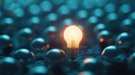A single glowing light bulb stands out amid an ocean of shiny spheres, creating a captivating visual that symbolizes creativity and inspiration in design.の素材
