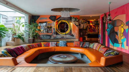 This vibrant living room features a unique orange couch surrounded by artistic wall decor, creating a lively and inviting atmosphere perfect for relaxation and creativity.の素材