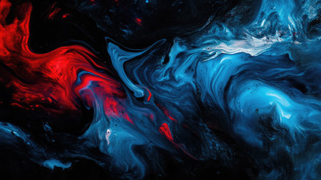 This captivating abstract artwork features bold swirls of red and blue against a dark background, creating a mesmerizing fluid art piece full of depth and energy.の素材