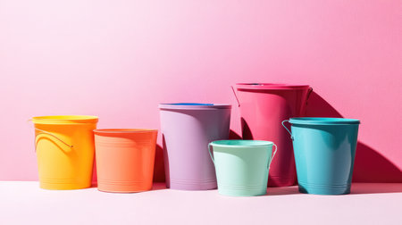 A vibrant arrangement of colorful buckets in various sizes set against a pink backdrop. Ideal for creative projects, home decor inspiration, or seasonal themes.の素材