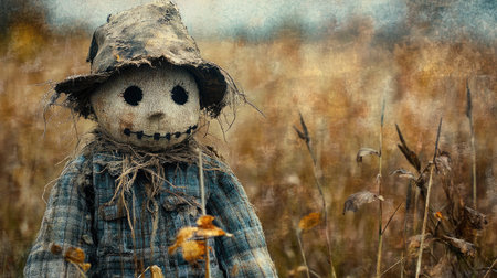 A weathered scarecrow stands alone in an abandoned field, embodying the spirit of autumn. This rustic figure, crafted from fabric and straw, evokes nostalgia and a sense of solitude amidst the golden landscape.の素材