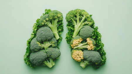This unique image features vibrant broccoli and lettuce arranged artistically to resemble human lungs, symbolizing health and nutrition.の素材