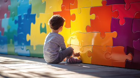 A young child sits in front of a vibrant puzzle wall, exploring colors and textures. This scene captures the essence of early childhood creativity and playfulness.の素材
