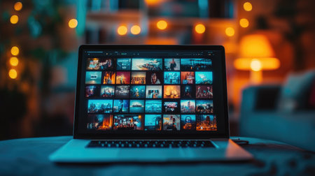 A modern laptop showcases an array of colorful images, set in a cozy living room illuminated by warm ambient lighting, ideal for creative inspiration.の素材