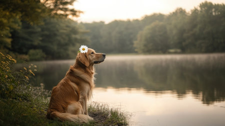 A golden retriever sits gracefully by a tranquil lake, adorned with a flower as the gentle sunrise casts a warm glow, embodying peace and joy in nature.の素材