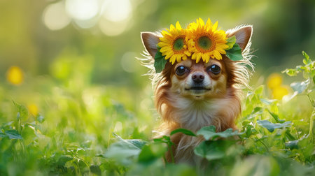 This charming Chihuahua dog wears a vibrant sunflower crown while posing in a lush green field, capturing a heartwarming moment in nature.の素材