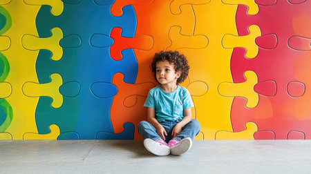 A young child sits on the floor, surrounded by a vibrant puzzle wall, exuding joy and curiosity in a playful, educational environment.の素材