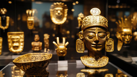 This stunning image captures a showcase of exquisite ancient gold artifacts, highlighting intricate designs and historical significance, perfect for cultural exploration.の素材