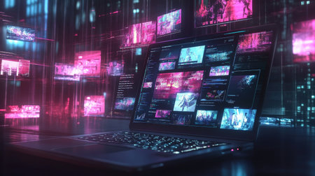 A sleek laptop showcases vibrant data visualizations and abstract graphics in neon colors, representing advanced technology and digital creativity in a modern workspace.の素材