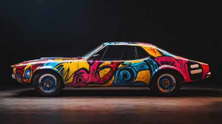 A striking side view of a brightly colored graffiti car showcasing intricate designs against a dark background, perfect for art and urban photography themes.の素材