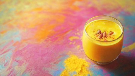 A delightful mango smoothie served in a clear glass sits atop a vibrant, colorful background. Topped with nuts and spices, this refreshing drink embodies the essence of summer. Perfect for a healthy snack or energizing breakfast.の素材