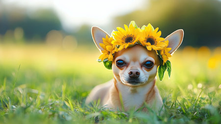 This charming image captures a relaxed Chihuahua wearing a bright sunflower crown, resting on soft green grass in a sunny meadow, evoking joy and cuteness.の素材