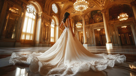 This stunning image showcases a bride in an exquisite wedding gown positioned gracefully in an opulent ballroom, featuring intricate decor and captivating light.の素材