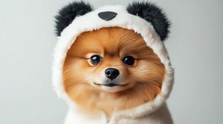 This delightful image features a small dog wearing a panda costume, showcasing an adorable expression against a light background. Perfect for animal lovers!の素材