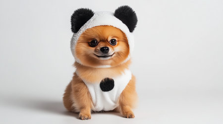 A charming small dog dressed in a panda costume showcases a delightful expression, making it an ideal image for pet lovers and costume enthusiasts.の素材