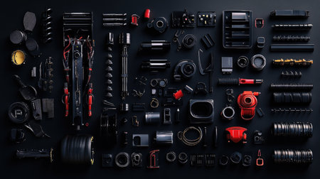 A captivating arrangement of various mechanical parts and tools on a dark surface, showcasing the intricacies and details of industrial design and craftsmanship.の素材