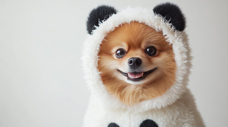 This charming Pomeranian dog dressed in a fluffy panda costume is sure to bring smiles. The adorable expression and soft fur outfit highlight its playful personality.の素材