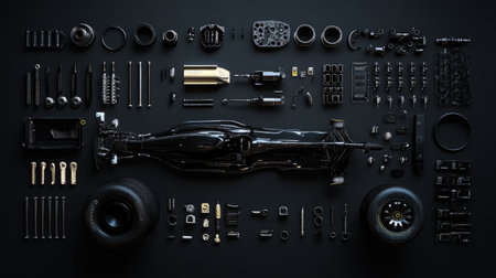 Explore a meticulously arranged flat lay showcasing a variety of race car components and parts on a sleek black background, ideal for automotive projects.の素材