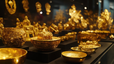 A stunning array of golden artifacts displayed in a museum exhibition, showcasing intricate designs and cultural heritage. Perfect for art enthusiasts.の素材