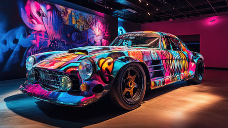 This striking image features a colorful car adorned with vibrant graffiti art, set in a modern gallery, showcasing creativity and urban culture.の素材