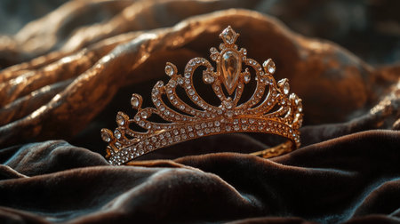 This stunning image features an elegant gold crown adorned with sparkling diamonds, resting on a plush, luxurious fabric background, evoking a sense of royalty and glamour.の素材