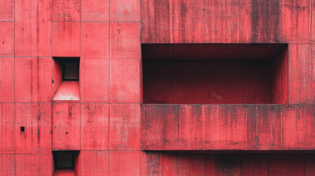 This striking abstract image features a bold red wall with geometric shapes, showcasing urban architecture and modern design elements in a captivating way.の素材