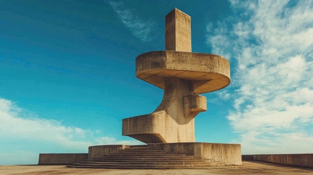 This striking abstract concrete sculpture stands against a vibrant blue sky, featuring dramatic cloud formations and showcasing its unique architectural design amidst a serene landscape.の素材