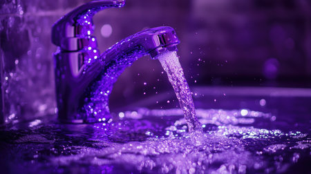 A stunning purple water faucet captures flowing water in a serene indoor environment, evoking feelings of relaxation and modern elegance.の素材