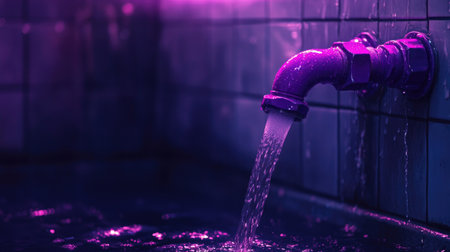 An artistic composition featuring water flowing from a modern pipe, illuminated with vibrant purple light. The reflections on the wet tile create a serene and visually striking atmosphere, perfect for home design themes.の素材