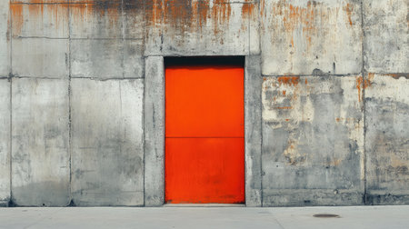 This captivating image features a bright orange door set against a weathered gray concrete wall, highlighting urban design and textures.の素材