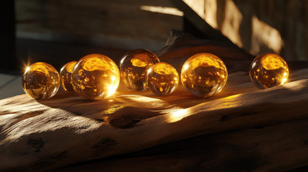 This captivating image features glowing transparent spheres placed on a natural wood surface, highlighting warmth and elegance. The interplay of light and shadow creates a serene atmosphere, perfect for decor or artistic inspiration.の素材