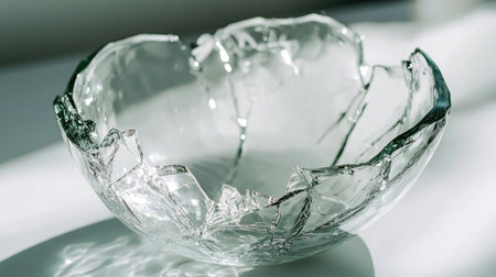 A stunning close-up of a broken glass bowl showcasing its jagged edges and reflective surface, perfect for highlighting themes of fragility and beauty in art.の素材