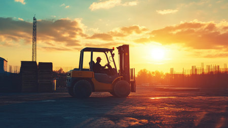 A striking silhouette of a forklift operator against a stunning sunset backdrop, showcasing industrial activity with vibrant colors and peaceful scenery.の素材
