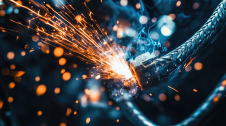 A dynamic close-up image capturing sparks flying from a metal wire during cutting, illustrating industrial energy and creativity amid a dark background.の素材
