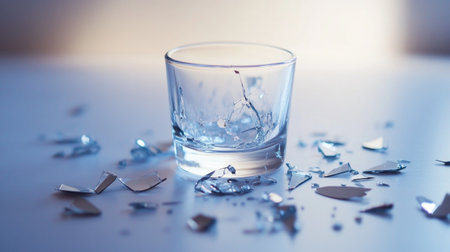 A visually striking image featuring a broken glass cup surrounded by shiny shards, set against a soft faded background, capturing themes of fragility and risk.の素材