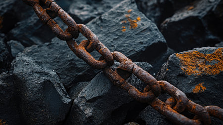 A close-up of a weathered rusty chain resting on dark rough stones, embodying an industrial aesthetic. The image captures textures of decay and strength.の素材