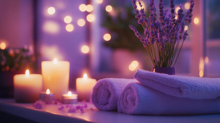A serene spa setting featuring lavender flowers, gently flickering candles, and soft towels. Perfect for promoting relaxation and self-care.の素材