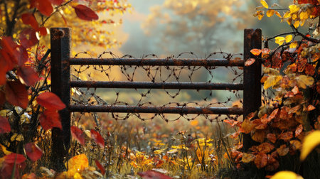 A captivating scene featuring a rustic barbed wire fence set amidst a vibrant array of autumn leaves. The sunlight filters through trees, creating a peaceful atmosphere.の素材