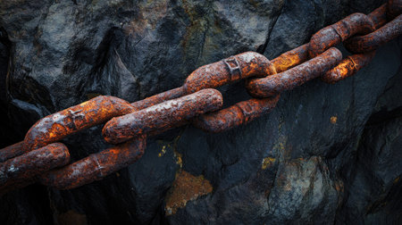 Close-up view of a rusty chain resting on dark rocks, showcasing intricate textures and colors that emphasize an industrial feel amid a natural backdrop.の素材