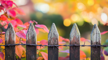 A rustic wooden fence softly contrasts against a backdrop of vivid autumn leaves, creating a serene atmosphere with a subtle bokeh effect. The warm colors evoke a sense of peace and natural beauty.の素材
