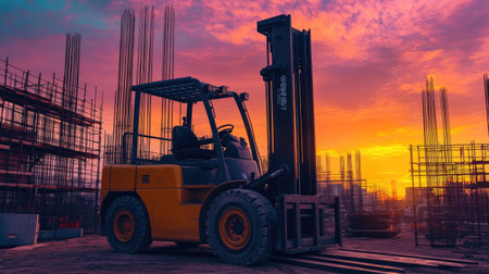 A vibrant sunset illuminates an active construction site where a forklift stands ready for operation among steel reinforcement bars.の素材