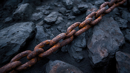 A close-up shot of a rusty chain lying on a dark, rocky surface, evoking feelings of abandonment and decay with intricate textures and shadows.の素材