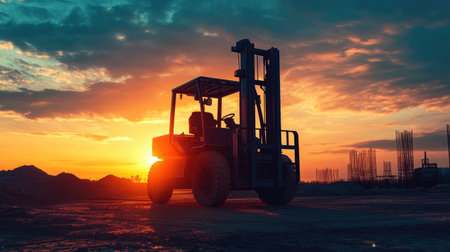 A striking silhouette of a forklift against a colorful sunset sky, highlighting industrial activity at a construction site. The scene captures the essence of evening labor.の素材
